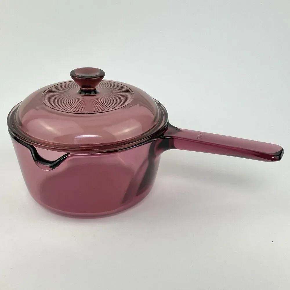 Pyrex Corning Ware Visions Cranberry Purple Cookware Glass Saucepan /w Lid VTG